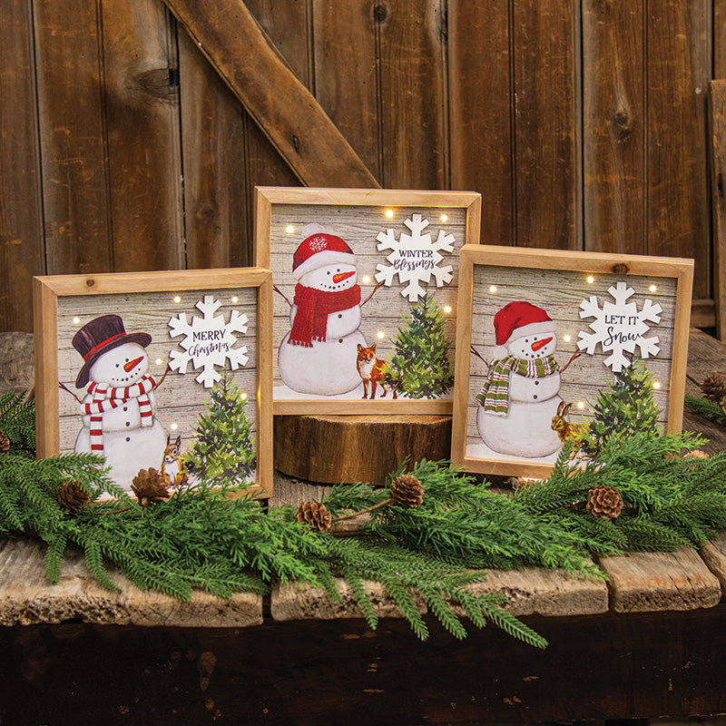 Snowman Box Sign w/ LED Lights, 3 Asstd - 8"