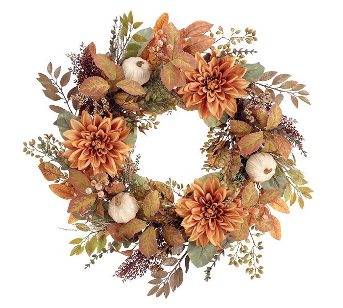 Fall Dahlia Flowers & White Pumpkins Wreath