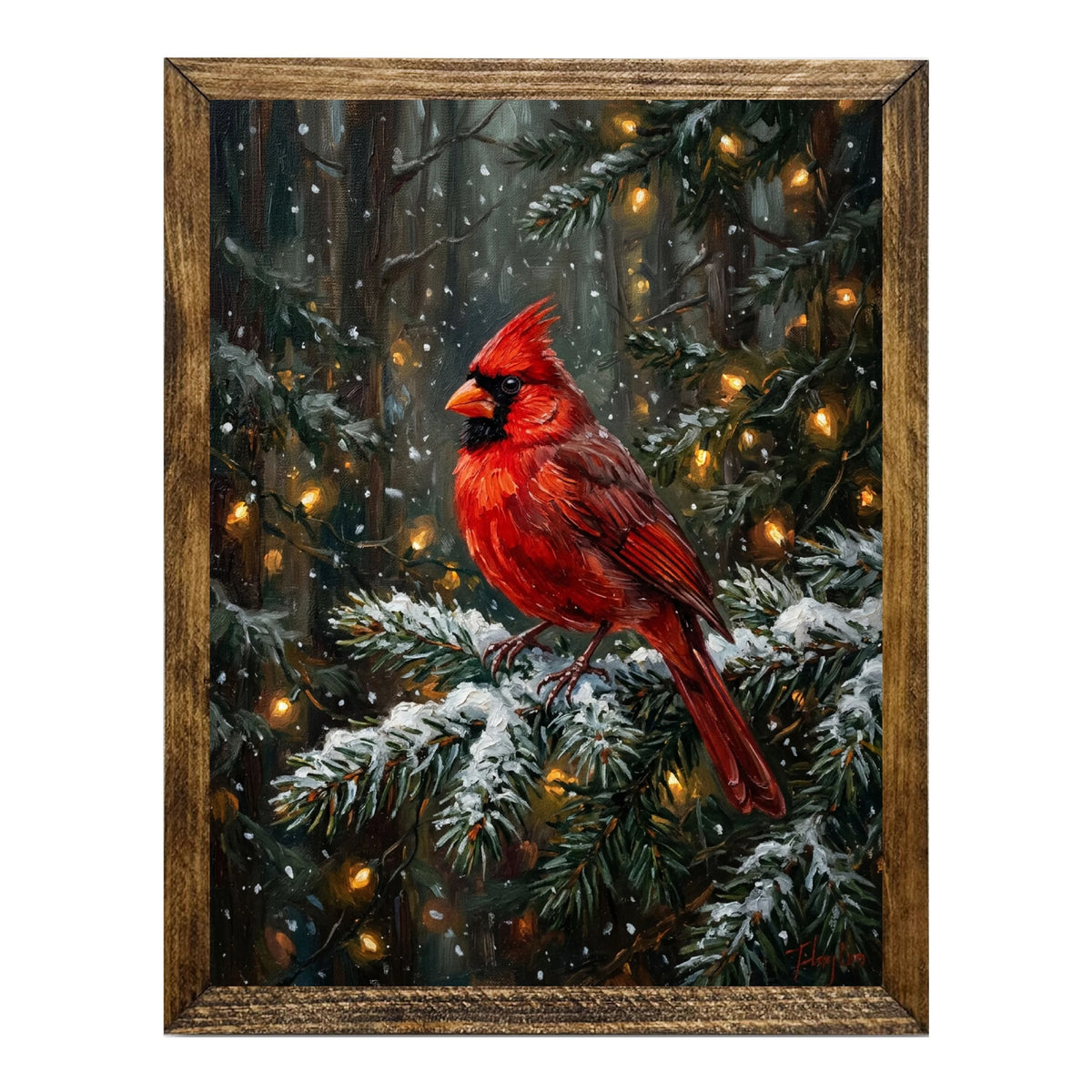 Red Cardinal Snowy Evergreen Christmas Wall Art 12x15