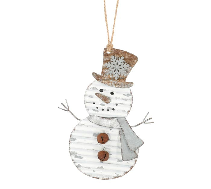 Rustic White Snowman Ornament, Metal