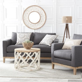 31.5" Round Natural Embossed Framed Wall Mirror