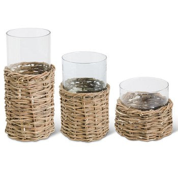 Clear Glass Cylinder Woven Rattan Basket Lg