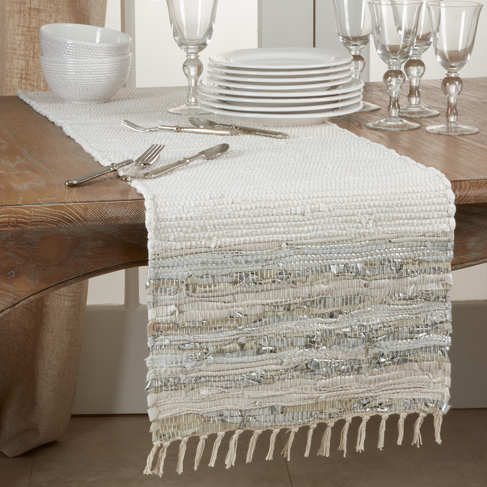 Silver Striped Leather Chindi Runner-16x72