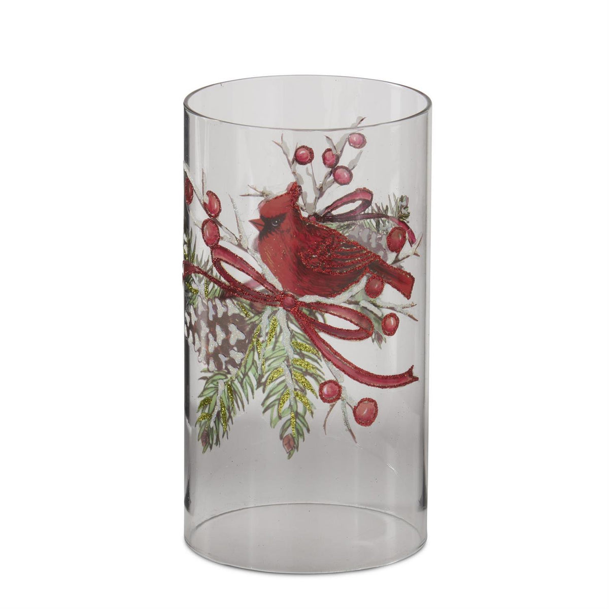 7.75" Cardinal & Pinecone Glass Candle Slip Cover