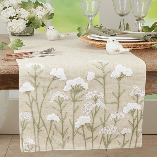 Embroidered Flowers Runner16x72Natural