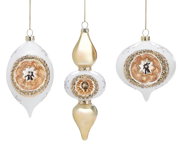 White/Gold Retro Reflector Ornament - 3 Asst