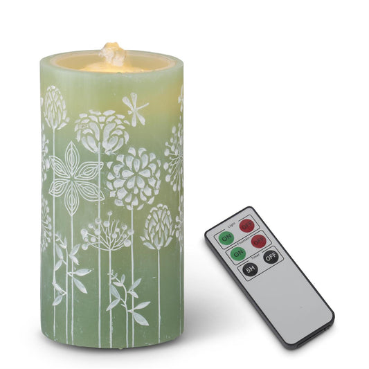 Green Flower Embossed LED Wax Pillar Water