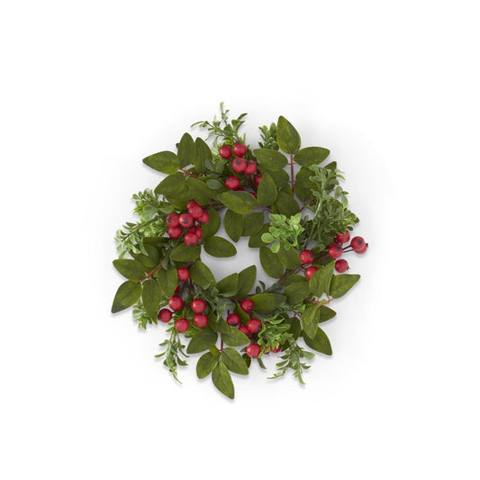 12" Boxwood Red Berry Candle Ring