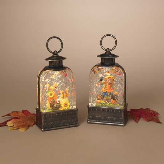 8.5"H B/O Lighted Spinning Water Globe Lantern w/ Harvest Scene & Timer, 2 Asst