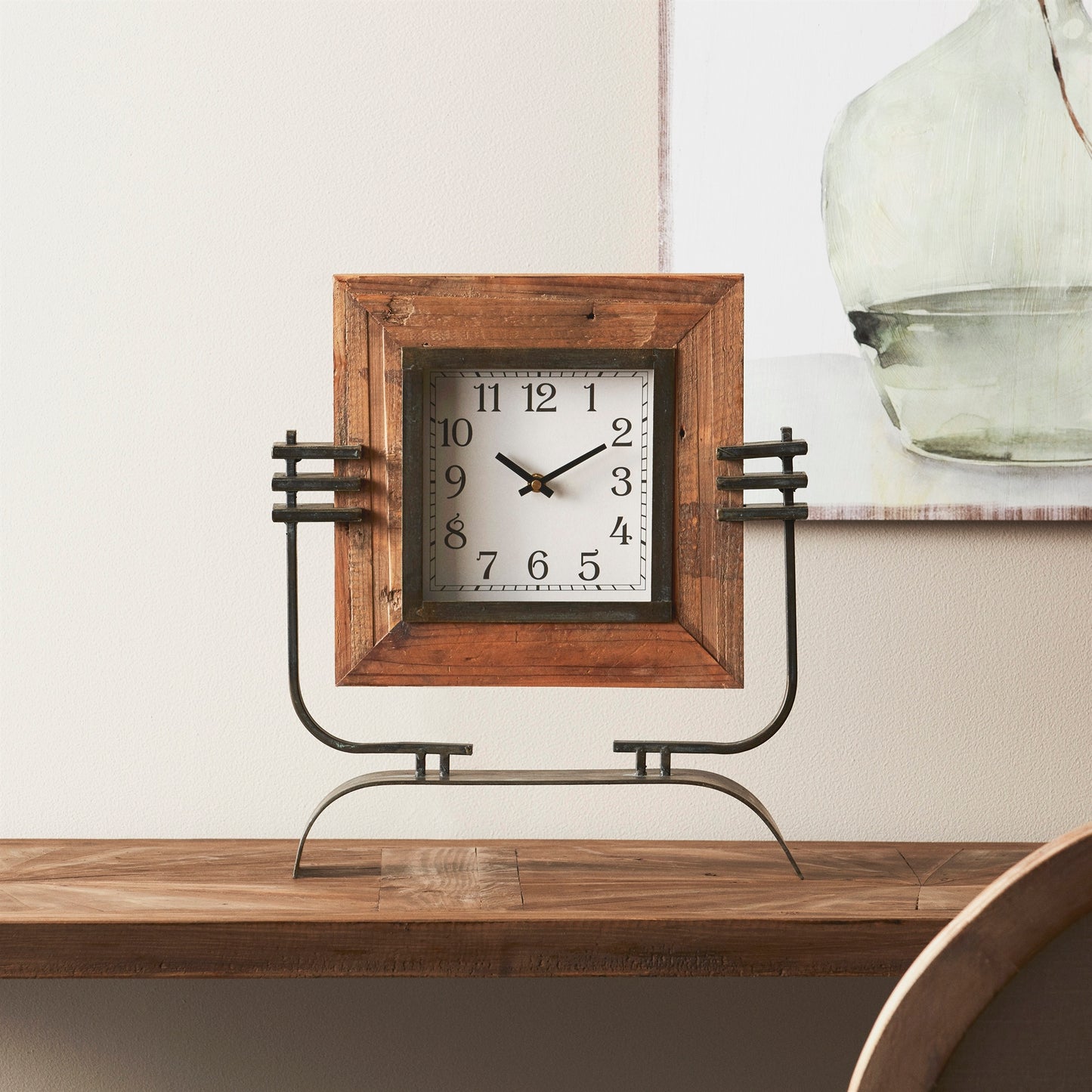 Clock On Stand 17.5" Iron Wood