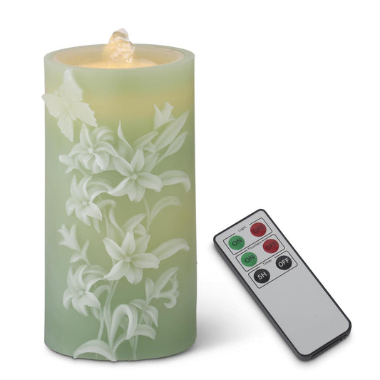 Green Lily Embossed LED Pillar Water Candle