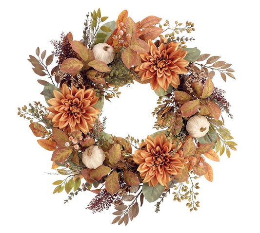 Fall Dahlia Flowers & White Pumpkins Wreath