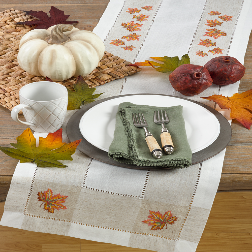 Ivory Embroidered Leaf Hemstitch Runner-15x70