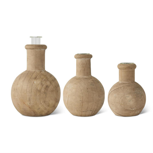 Pine Wood Bud Vases Glass Inserts Med