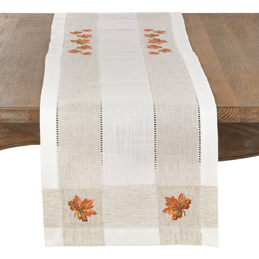 Ivory Embroidered Leaf Hemstitch Runner-15x70