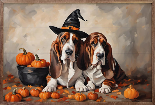 Two Bassets With Pumpkins 8x5