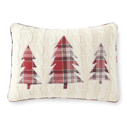 14" Cream Cable Knit Pillow w/3 Plaid Trees