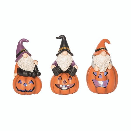 Light Up Res Gnome & Pumpkin / Gnome with purple top and black hat hand touching