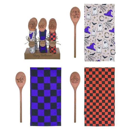Wood Bewitched Spoon/Tea Towel / Black & Purple Tea Towel/'Witch Please'