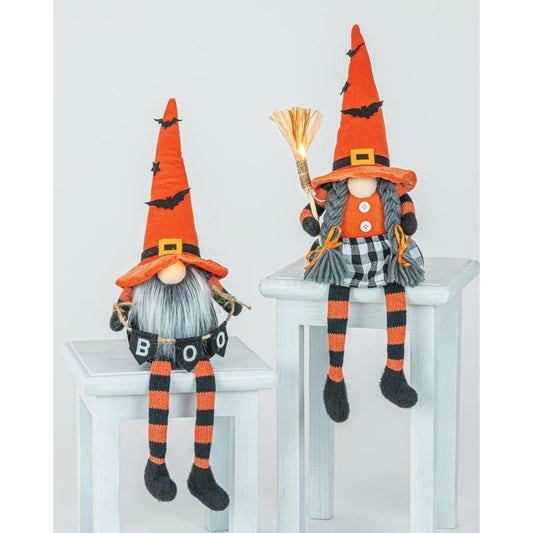 Batty Witch Gnome Light Up / Gnome with braids/buffalo checkered skirt and oran