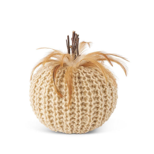 7" Cream Crochet Pumpkin Wood Stem