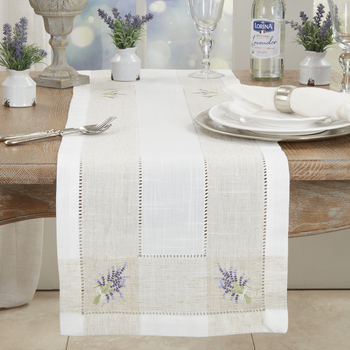 Embroidered Lavender Hemstitch Runner-Ivory 15x70