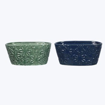 Stoneware Flower Pattern Planter / Blue
