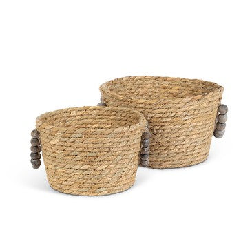 Natural Willow Basket Wood Beaded Hndls Lg