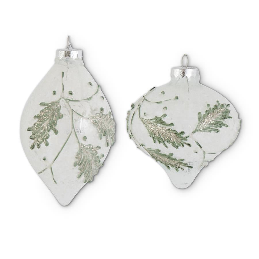 Snowy Clear Glass Onion Orn w/ Green / Teardrop