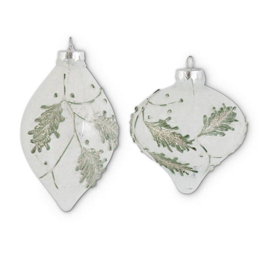 Snowy Clear Glass Onion Orn w/ Green / Teardrop