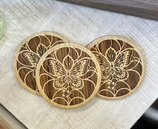 Butterfly 4" Round Wood Coaster