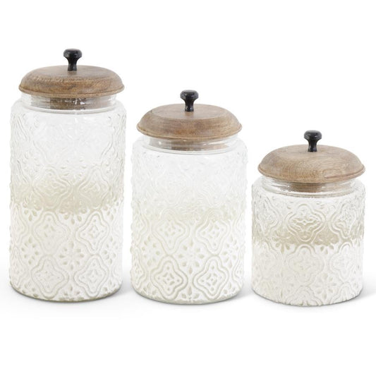 Embossed Glass Container w Frosted Bottom 9.75"