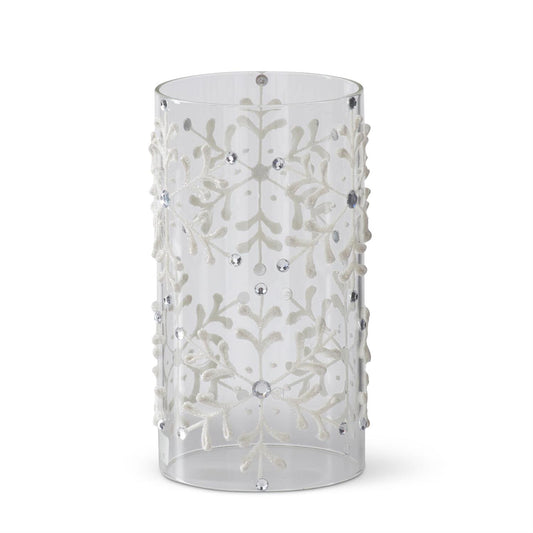 7.75" White Glittered Snowflake Clear Glass Cylinder Candle Slip Cover