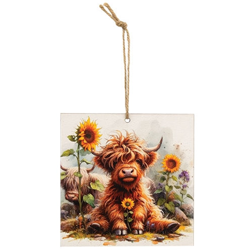 Sitting Highland Babies With Sunflowers Ornament 4" Sq.