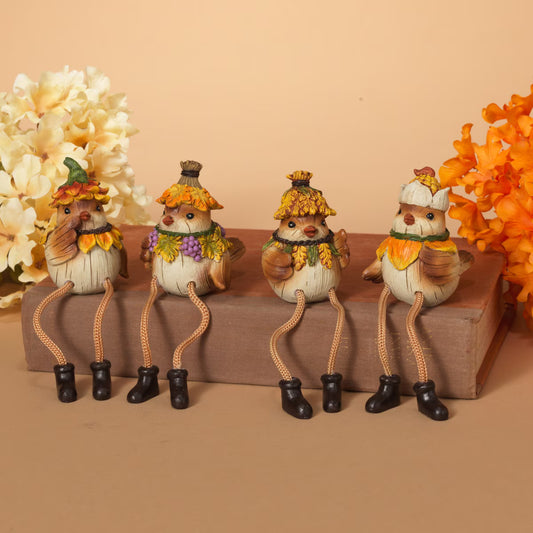 Harvest Bird Shelf Sitter with Rope Legs, 4 Assorted, 2.9"H Resin