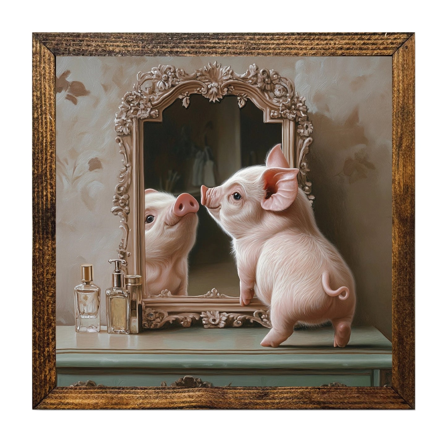 PIGLET ADMIRING HERSELF IN MIRROR 9x9